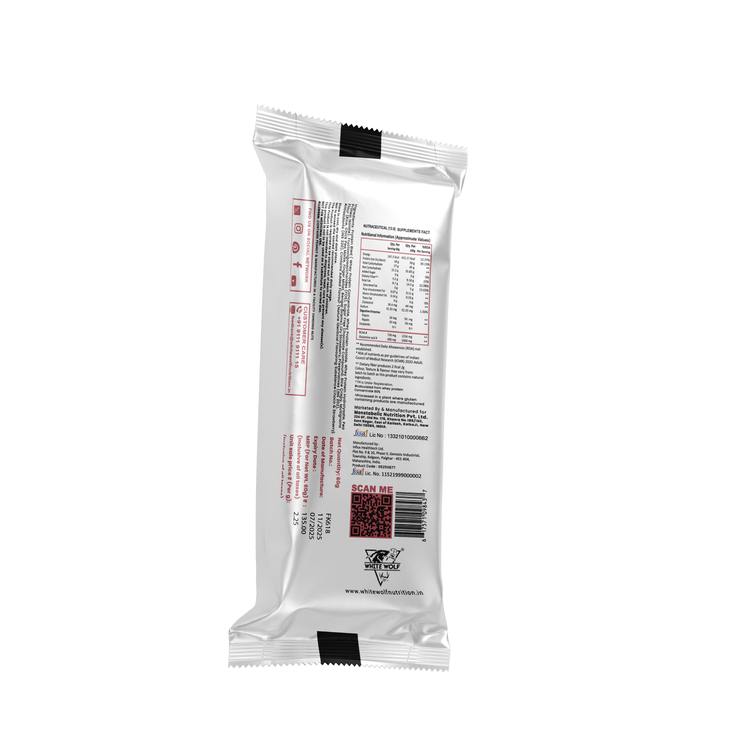White Wolf Protein Bar (18g Protein) | No Added Sugar | BCAA, Fiber & Digestive Enzymes