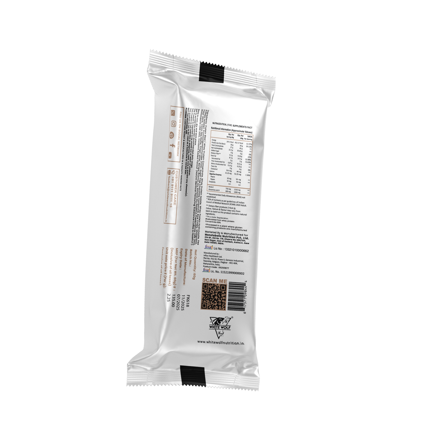 White Wolf Protein Bar (18g Protein) | No Added Sugar | BCAA, Fiber & Digestive Enzymes