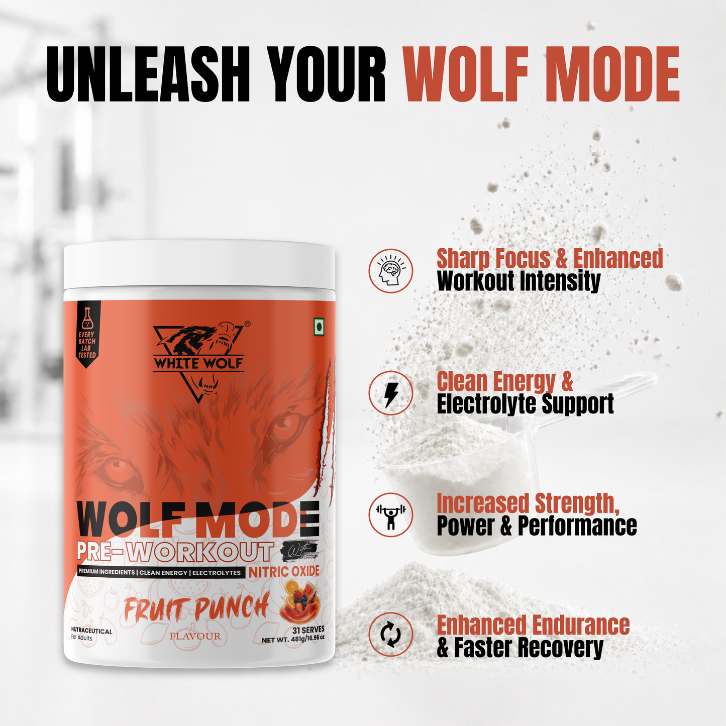 White Wolf - WOLF MODE PreWorkout With Nitric Oxide 15.5G/Serve | Power Mode On | Fuel Your Muscle | Pump Your Muscle 481G Pack
