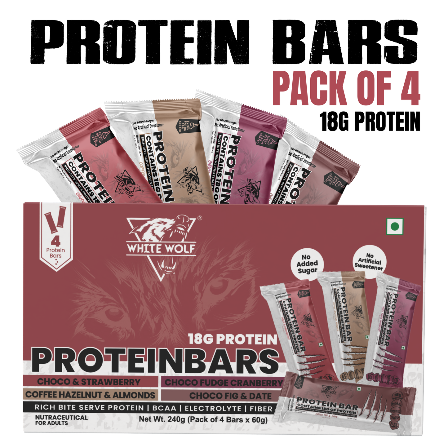 White Wolf Protein Bar (18g Protein) | No Added Sugar | BCAA, Fiber & Digestive Enzymes