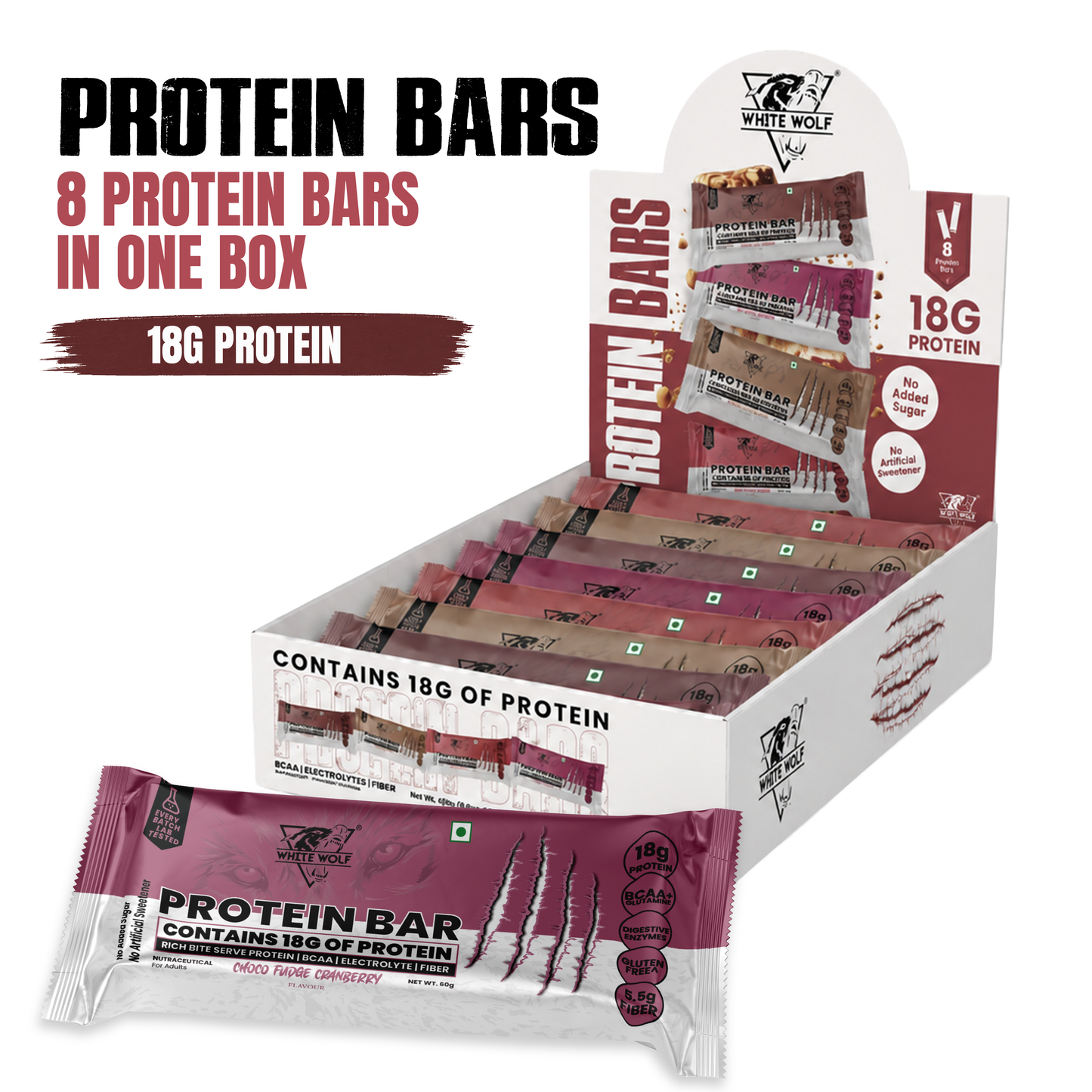 White Wolf Protein Bar (18g Protein) | No Added Sugar | BCAA, Fiber & Digestive Enzymes